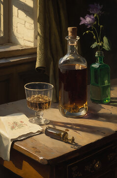 Still life scene, a whiskey bottle and a glass on a table. Generative AI.
