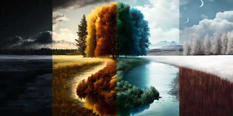 An old tree in a beautiful field showing all seasons in one photo, divided to four seasons, fall (autumn), spring, summer and winter. Snow, falling yellow leaves, green, lush, and dry scenery.