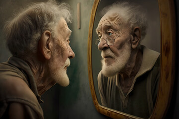 A elderly senior man facing his true self image in the mirror, sad and confused, worried. 