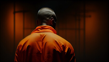 Young man wearing orange robe in prison close up portrait
