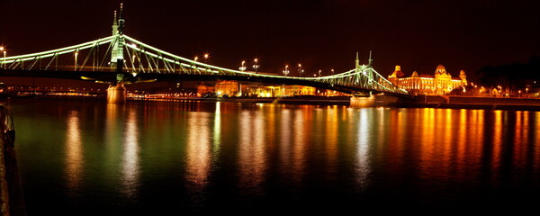 night panorama on bridge of the Danube river in Budapest