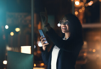Business woman, phone and night in the office with bokeh lights to work late for project deadline....