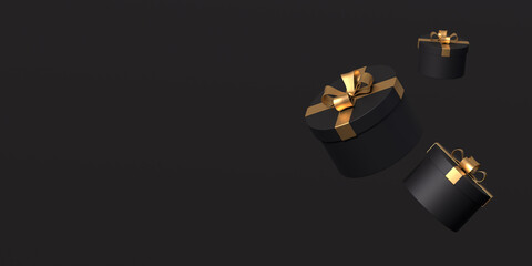 3d illustration gifts with gold ribbon on black background