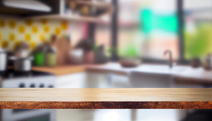 wooden table with modern kitchen background for product display, Generative AI
