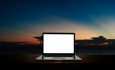 Modern laptop  isolated on sea background. 3D illustration.