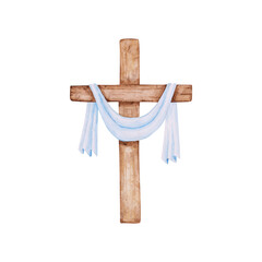 Religious cross isolated on a transparent background. Watercolor wooden Christian cross with a piece of blue fabric. The hand-painted catholic or orthodox symbol for the first community and Easter.