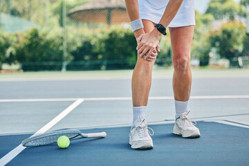 Tennis court, woman knee injury and training outdoor for fitness, health or wellness by blurred...