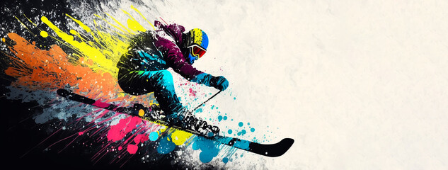 Naklejka na ściany i meble Abstract art. Colorful painting art of a jumping skier. Extreme winter sports. Generative AI.