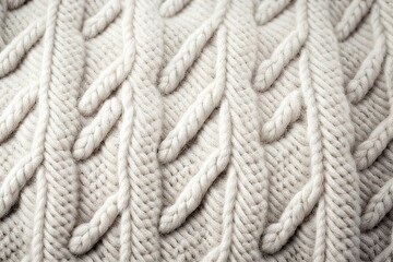 Closeup of white wool knitted texture of a sweater, full frame background, knitted seams of white wool sweater. Generative Ai.