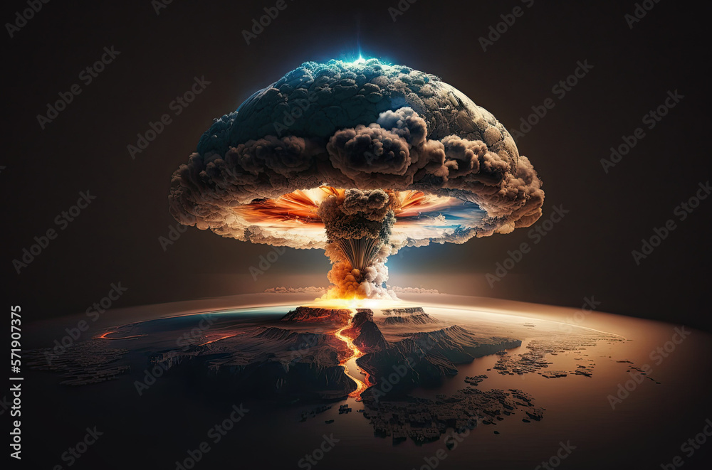 Wall mural nuclear explosion of atomic bomb with a radioactive mushroom on planet view from space. concept of a