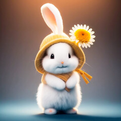 A white fluffy rabbit in a yellow knitted hat holds a white daisy in its paws. Generative AI, generative artificial intelligence