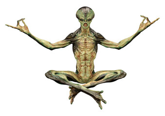 3D Rendering Green Alien on White