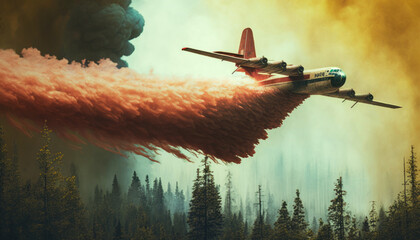 water bomber airplane dropping water on forest in fire. generative ai