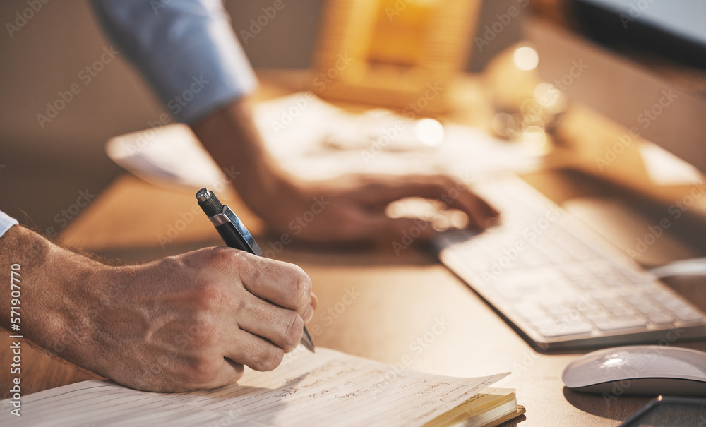 Poster Business man, hand with writing and data with keyboard, analytics and IT code, work overtime for deadline and notebook. Working night, email and programming, checklist with notes and software update