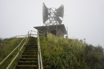Haiku Stairs to Heaven and CCL building Bunker at the top of Koolau mountain in Oahu island in Hawaii