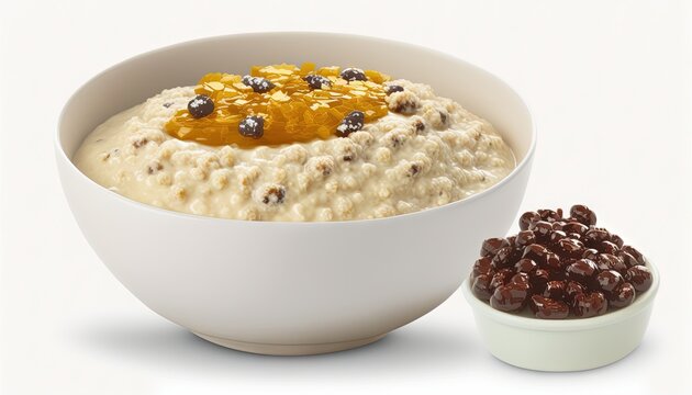  a bowl of oatmeal with raisins next to it.  generative ai