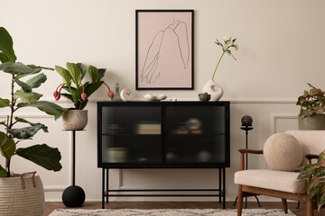 Interior design of living room interior with mock up poster frame, glass sideboard, stylish bowl, round coffee table, plants in flowerpots and personal accessories. Home decor. Template.
