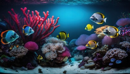  a group of fish swimming around a coral reef in the ocean.  generative ai