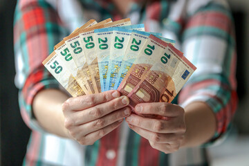 Woman holding many Euro banknotes of different value - obrazy, fototapety, plakaty
