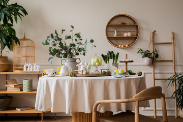 Warm and spring dining room interior with easter accessories, round table, vase with green leaves, cake, colorful eggs, rabbit sculpture and personal accessories. Home decor. Template.