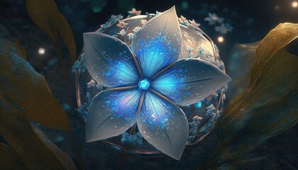  a blue and white flower on a leafy plant with lights in the background.  generative ai