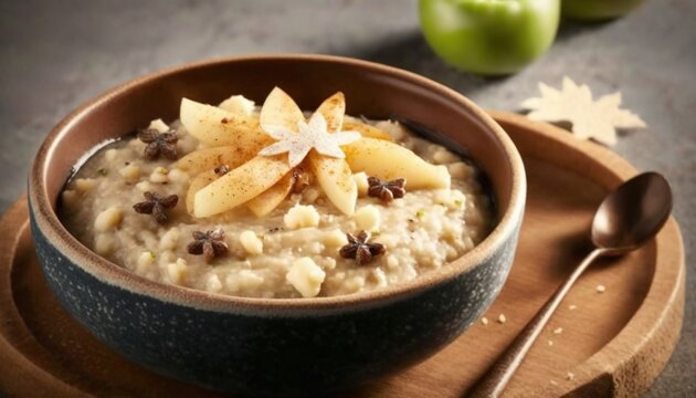  a bowl of oatmeal with apples and cinnamon on the side.  generative ai