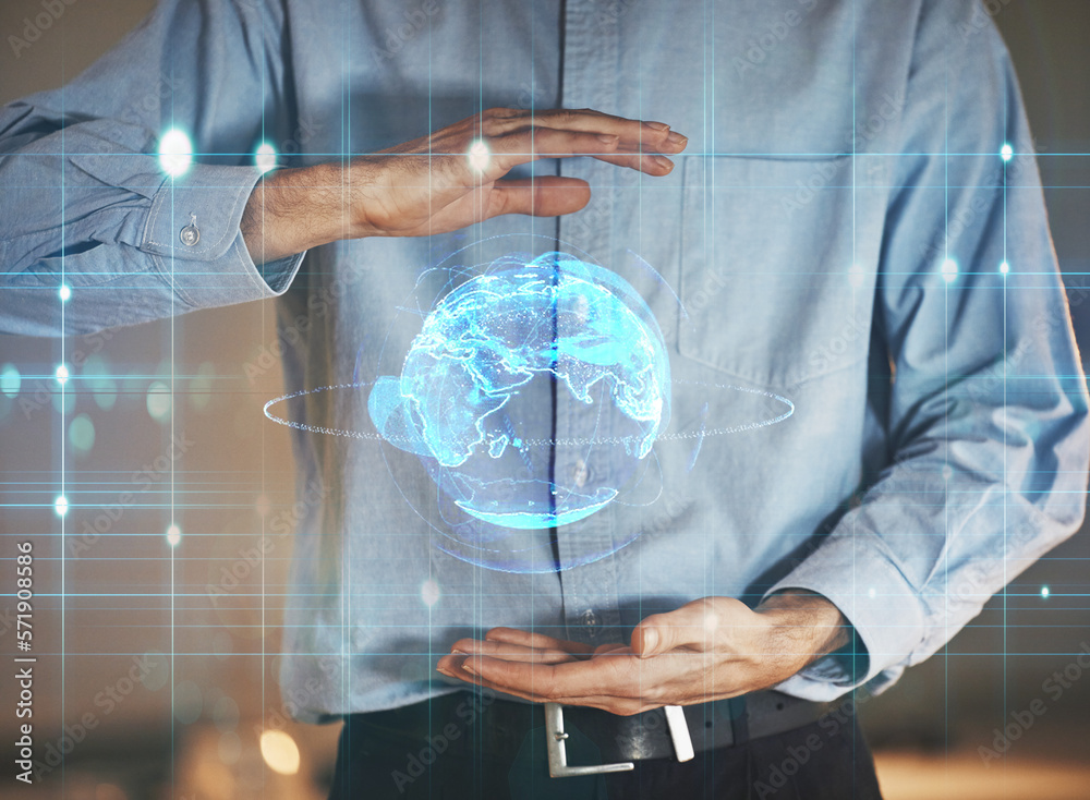 Poster Hands, 3D hologram and global networking on grid for futuristic world development in double exposure. Hand of person in digital transformation, innovation or virtual globe for big data on overlay