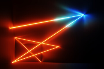 Neon rays in a dark room at night. Background 3d rendering illustration.