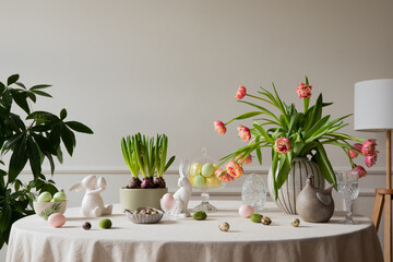 Interior design of easter dining room with colorful eggs, white hare sculptures, vase with tulips,...