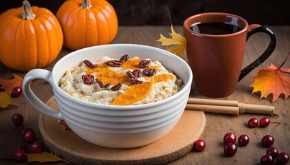  a bowl of oatmeal with pumpkins and a cup of coffee.  generative ai