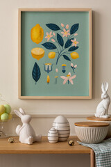 Minimalist composition of easter living room interior with mock up poster frame, wooden sideboard,...