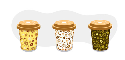 Set of coffee paper cups with coffee bean pattern. Isolated design element on white background. Template for coffee shop menu, restaurant, banner, flyer. 