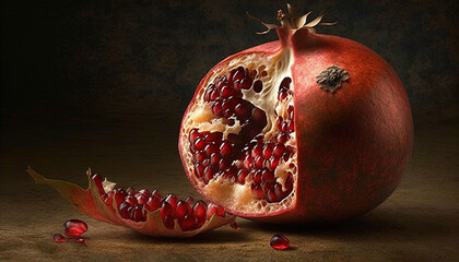  a pomegranate cut in half on a table.  generative ai