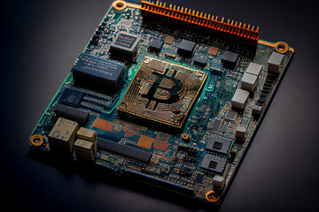 Bitcoin in computer circuit as chip. generative AI