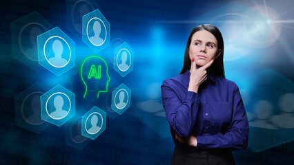 Young pensive business woman, digital background with person icons, ai