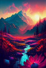 A vibrant oil painting of a landscape featuring forests and mountains. Generative AI.