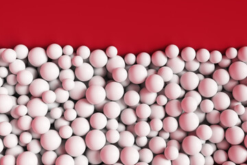 A large pile of abstract white spheres near a red wall. Background 3d rendering illustration.