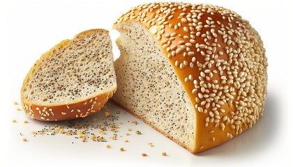  a sesame seed bagel cut in half on a white surface.  generative ai