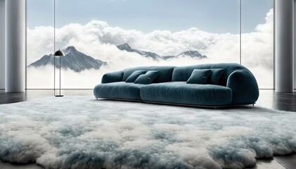  a blue couch sitting on top of a rug in front of a window.  generative ai