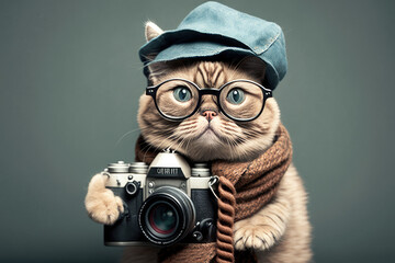 Portrait of a cat with a camera, generative AI - obrazy, fototapety, plakaty