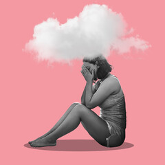 Depression, cloud and art with woman on a studio floor for mental health, stress or anxiety on pink...
