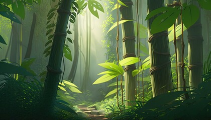  a painting of a bamboo forest with a path through the trees.  generative ai