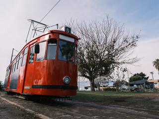 an old electric red tram