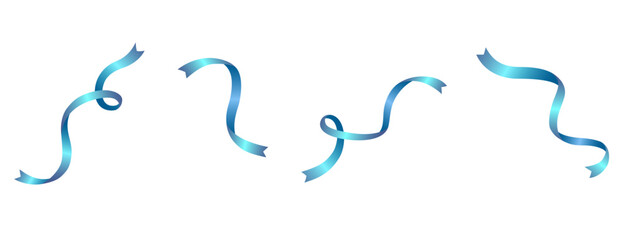 くるんとカールした青色のリボンのイラストセット（白背景・ベクター・切り抜き）