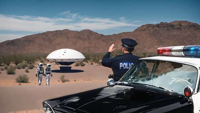 concept illustration police officer seeing white ufo and two aliens in white glowing suit on desert as illustration of a Lonnie Zamora incident Soccoro New Mexico 1964, generative AI