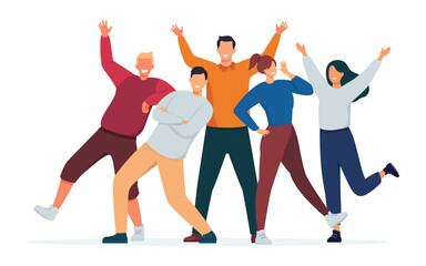 Group of young people posing for a photo illustration. Teamwork, cooperation, friendship concept. Vector illustration. - obrazy, fototapety, plakaty