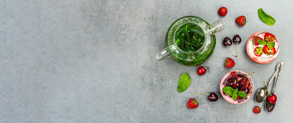 Delicious Italian dessert panna cotta with sweet cherry sauce, fresh berries and mint leaves