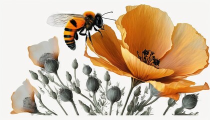  a bee flying over a yellow flower on a white background.  generative ai