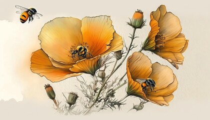  a drawing of a bunch of flowers with a bee on it.  generative ai