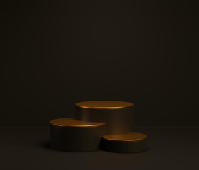 cylinder podium display for product and presentation in a dark scene, minimal style with golden arch, 3D rendering